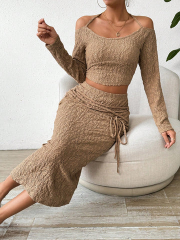 Textured Halter Top And Skirt Two-Piece Set, For Summer