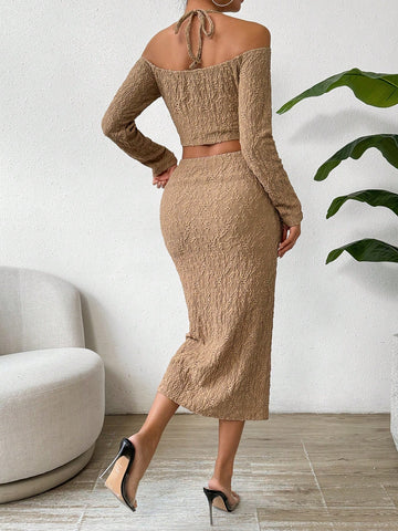 Textured Halter Top And Skirt Two-Piece Set, For Summer