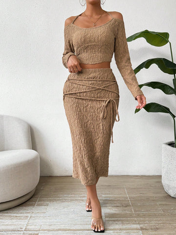 Textured Halter Top And Skirt Two-Piece Set, For Summer