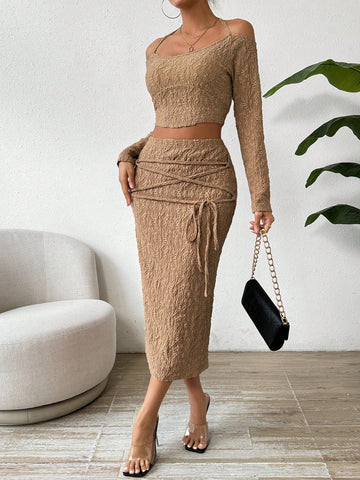 Textured Halter Top And Skirt Two-Piece Set, For Summer