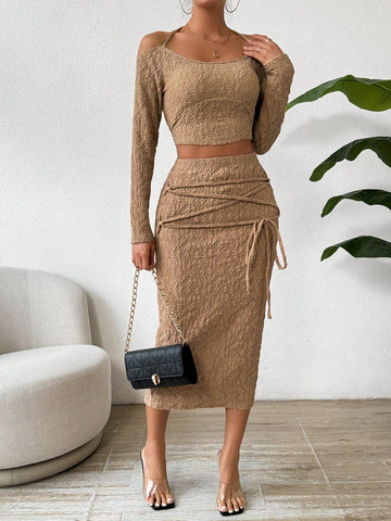 Textured Halter Top And Skirt Two-Piece Set, For Summer