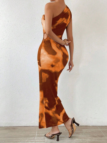 Tie-Dye Pleated Cutout Slim Fit Sleeveless Dress