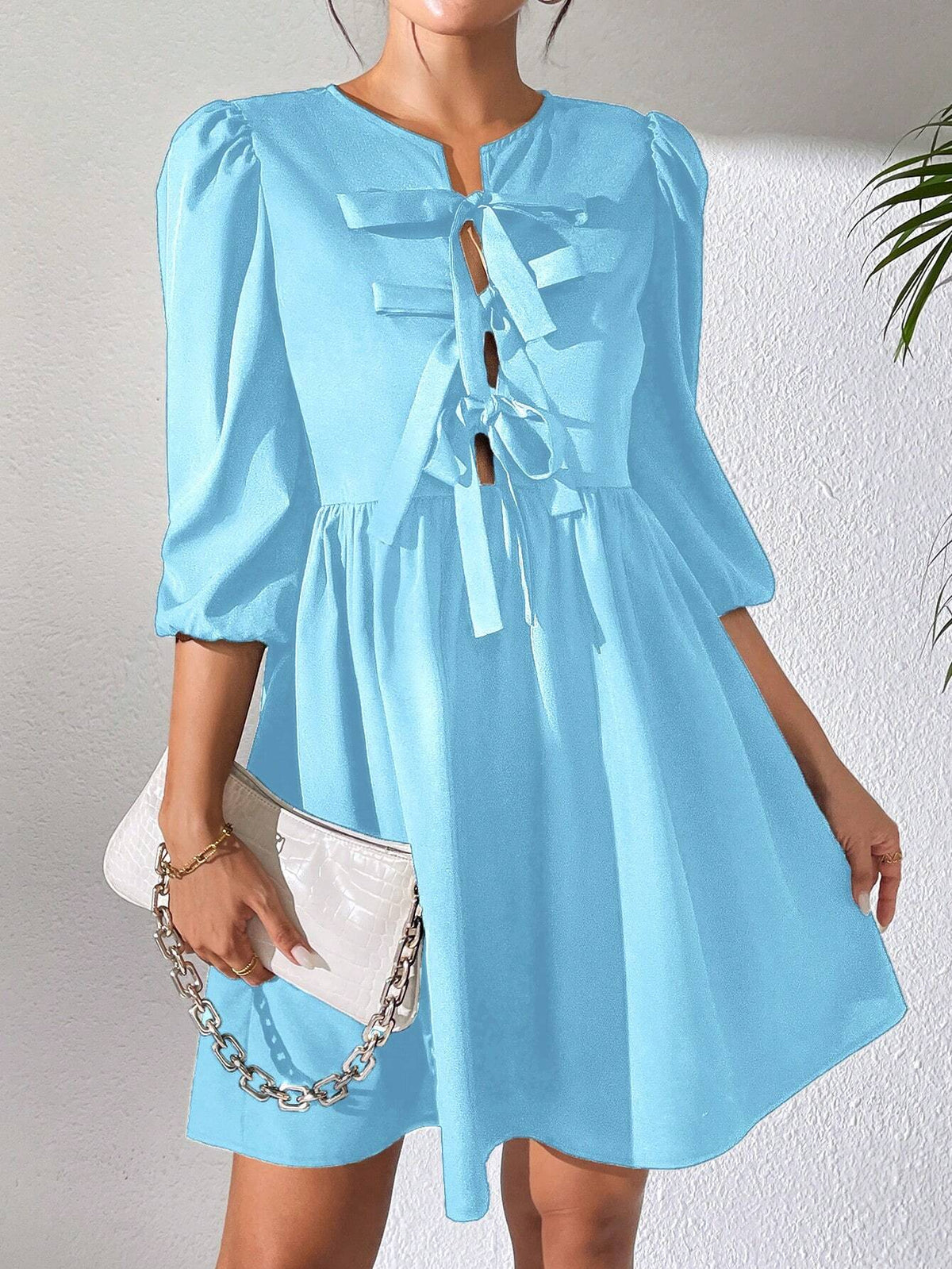 Tie-Front Hollow Out 3/4 Puff Sleeve Cropped Mini Dress