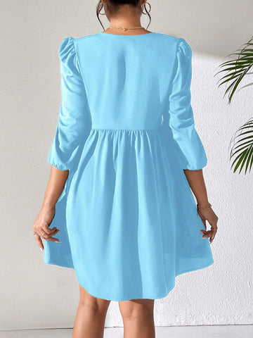 Tie-Front Hollow Out 3/4 Puff Sleeve Cropped Mini Dress