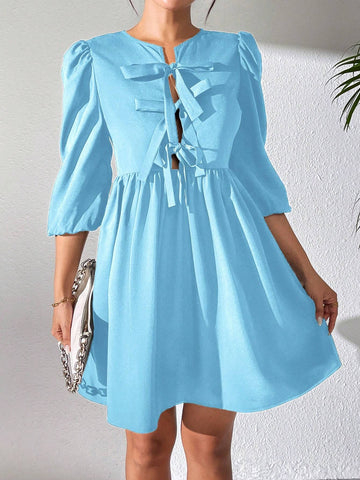 Tie-Front Hollow Out 3/4 Puff Sleeve Cropped Mini Dress