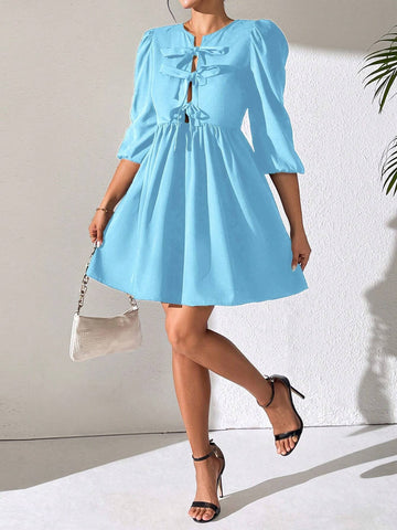 Tie-Front Hollow Out 3/4 Puff Sleeve Cropped Mini Dress