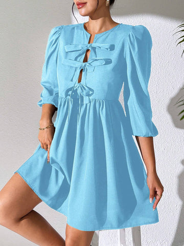 Tie-Front Hollow Out 3/4 Puff Sleeve Cropped Mini Dress
