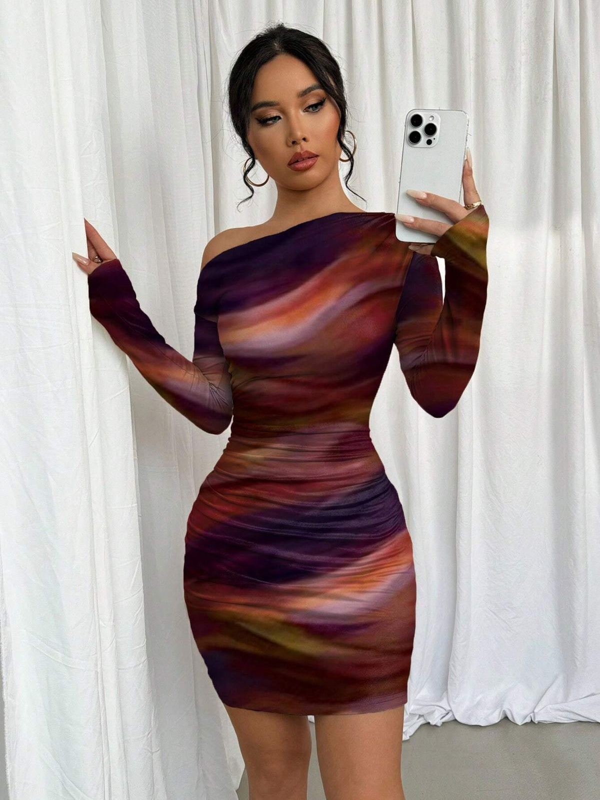 Tie Dye Print Draped Asymmetrical Neck Long Sleeve Dress