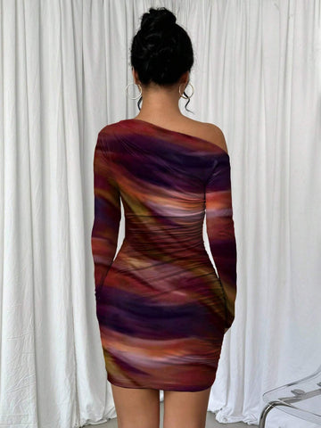 Tie Dye Print Draped Asymmetrical Neck Long Sleeve Dress