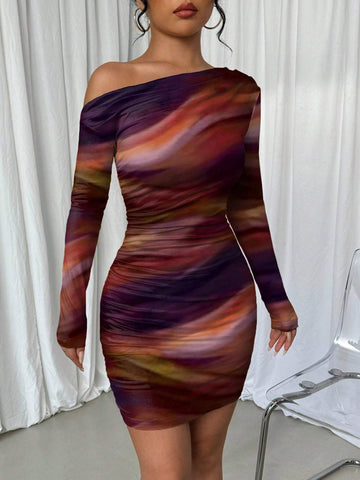 Tie Dye Print Draped Asymmetrical Neck Long Sleeve Dress