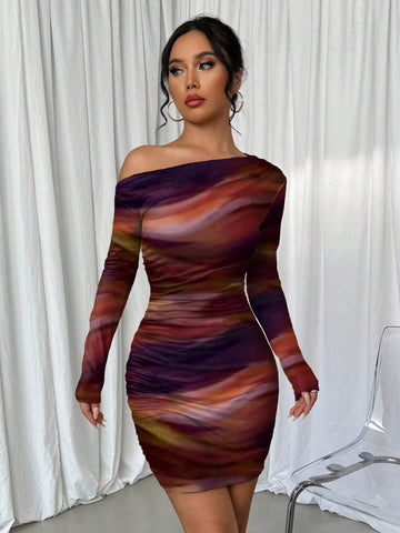 Tie Dye Print Draped Asymmetrical Neck Long Sleeve Dress