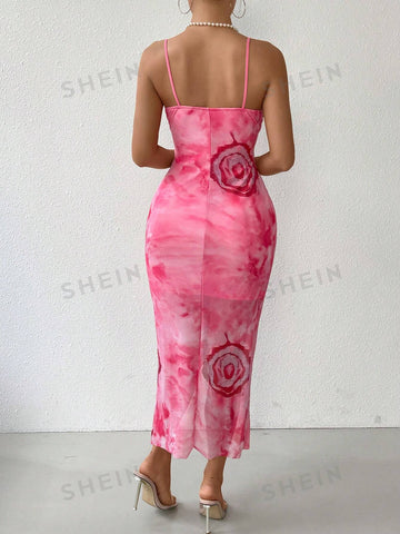 Tie Dye Ruffle Trim Cami Dress With High Slit