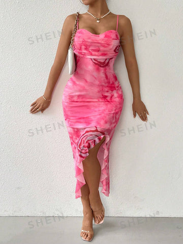 Tie Dye Ruffle Trim Cami Dress With High Slit