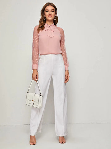 Privé Tie Neck Dobby Mesh Raglan Sleeve Top