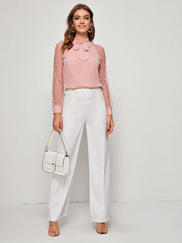 Privé Tie Neck Dobby Mesh Raglan Sleeve Top