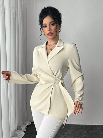 Privé Turn-Down Collar Long Sleeve Tie Side Shirt, Elegant Office Wear Top