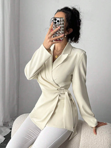 Privé Turn-Down Collar Long Sleeve Tie Side Shirt, Elegant Office Wear Top