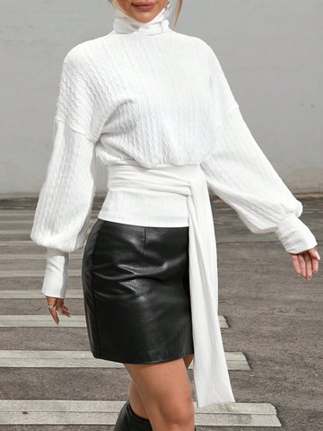 Privé Turtleneck Drop Shoulder Belted Tee