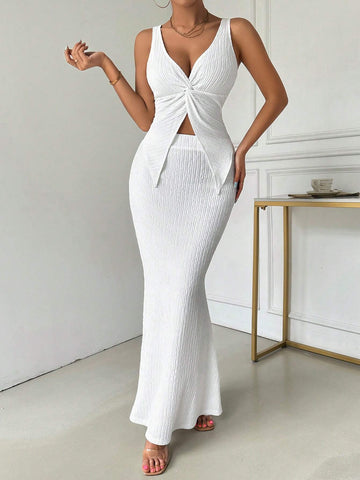 Twisted Crop Top And Fish Tail Long Slim-Fit Skirt Two-Piece Set For Summer