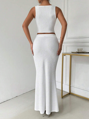 Twisted Crop Top And Fish Tail Long Slim-Fit Skirt Two-Piece Set For Summer