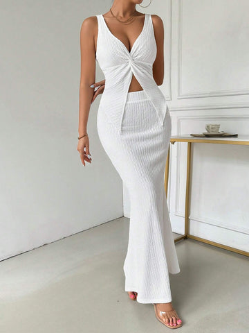 Twisted Crop Top And Fish Tail Long Slim-Fit Skirt Two-Piece Set For Summer