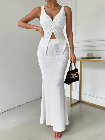 Twisted Crop Top And Fish Tail Long Slim-Fit Skirt Two-Piece Set For Summer