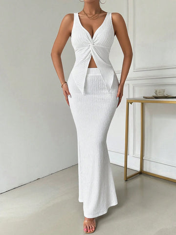 Twisted Crop Top And Fish Tail Long Slim-Fit Skirt Two-Piece Set For Summer