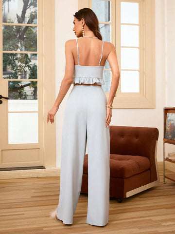 Two Pieces Women Set: 3D Bowknot Adorned Ruffle Trimmed Cami Top With Waist Gathering & Pleated Wide Leg Pants