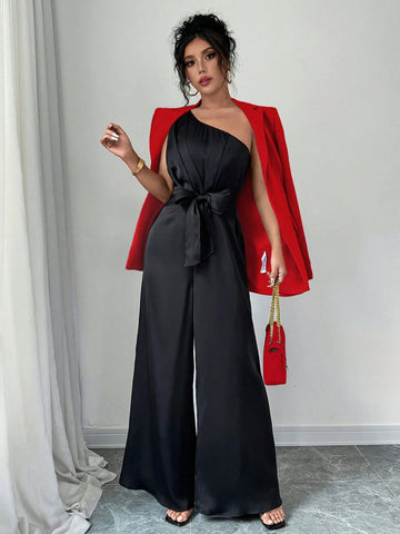 Urban Party Satin Cinched Waist Jumpsuit With Adjustable Strap For Women