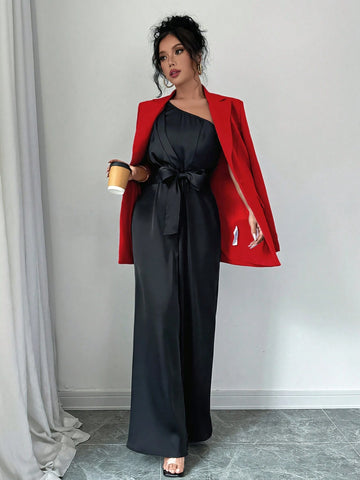 Urban Party Satin Cinched Waist Jumpsuit With Adjustable Strap For Women