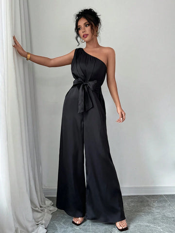 Urban Party Satin Cinched Waist Jumpsuit With Adjustable Strap For Women