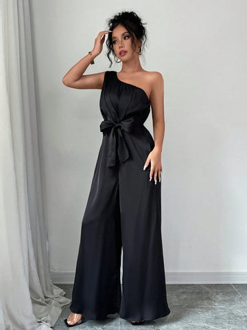 Urban Party Satin Cinched Waist Jumpsuit With Adjustable Strap For Women