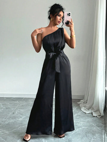 Urban Party Satin Cinched Waist Jumpsuit With Adjustable Strap For Women