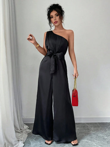 Urban Party Satin Cinched Waist Jumpsuit With Adjustable Strap For Women