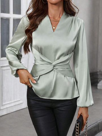 Privé V-Neck Front Twist Ruched Waist Long Sleeve Blouse
