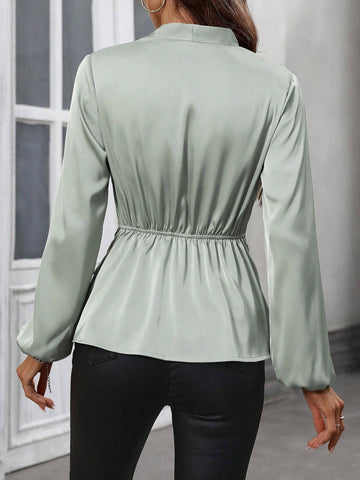 Privé V-Neck Front Twist Ruched Waist Long Sleeve Blouse