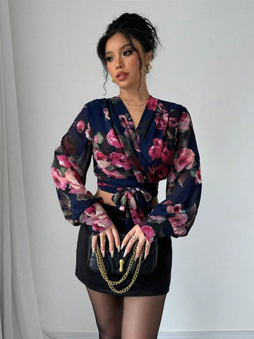 Privé V-Neck Long Sleeve Criss-Cross Tie Waist Floral Print Crop Women Shirt