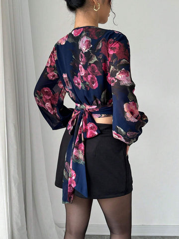 Privé V-Neck Long Sleeve Criss-Cross Tie Waist Floral Print Crop Women Shirt