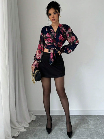 Privé V-Neck Long Sleeve Criss-Cross Tie Waist Floral Print Crop Women Shirt