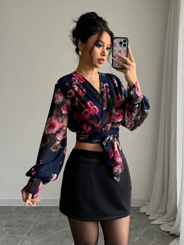 Privé V-Neck Long Sleeve Criss-Cross Tie Waist Floral Print Crop Women Shirt