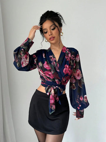 Privé V-Neck Long Sleeve Criss-Cross Tie Waist Floral Print Crop Women Shirt