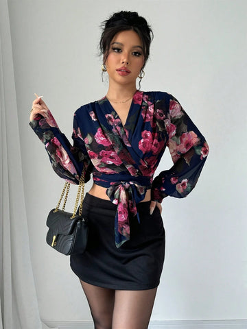 Privé V-Neck Long Sleeve Criss-Cross Tie Waist Floral Print Crop Women Shirt