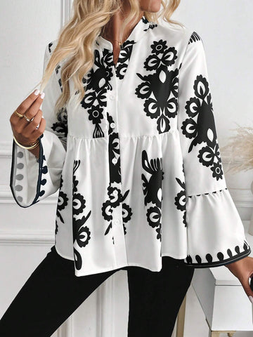 Privé V-Neck Long Sleeve Gathered All-Over Print Front Button Casual Shirt