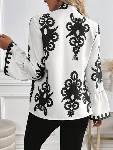 Privé V-Neck Long Sleeve Gathered All-Over Print Front Button Casual Shirt