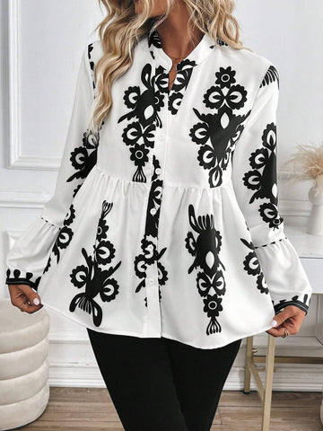 Privé V-Neck Long Sleeve Gathered All-Over Print Front Button Casual Shirt
