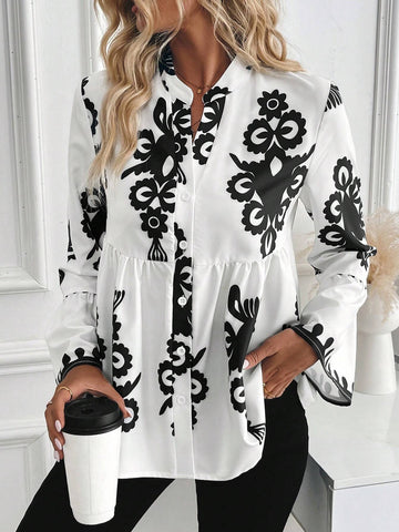 Privé V-Neck Long Sleeve Gathered All-Over Print Front Button Casual Shirt