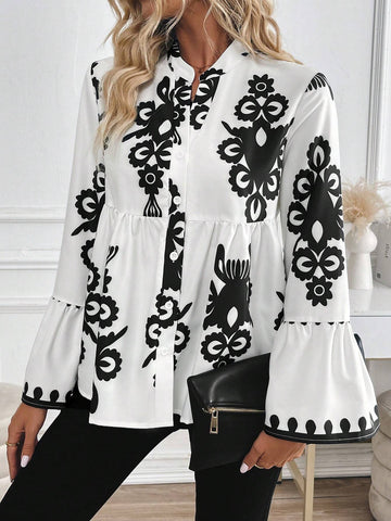 Privé V-Neck Long Sleeve Gathered All-Over Print Front Button Casual Shirt