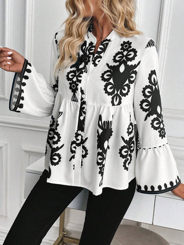 Privé V-Neck Long Sleeve Gathered All-Over Print Front Button Casual Shirt