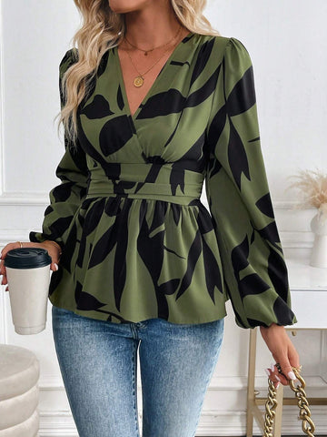Privé V-Neck Long Sleeve Pleated All-Over Print Shirt, Casual Wear