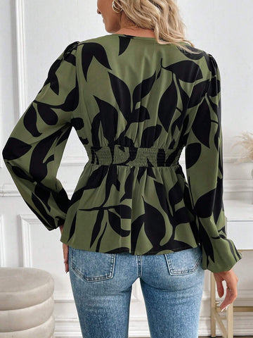 Privé V-Neck Long Sleeve Pleated All-Over Print Shirt, Casual Wear